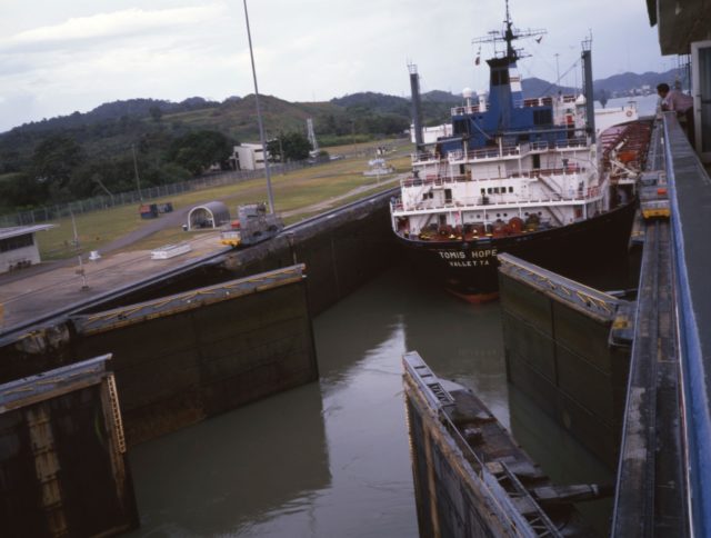 Ship coming through the locks at the Panama Canal